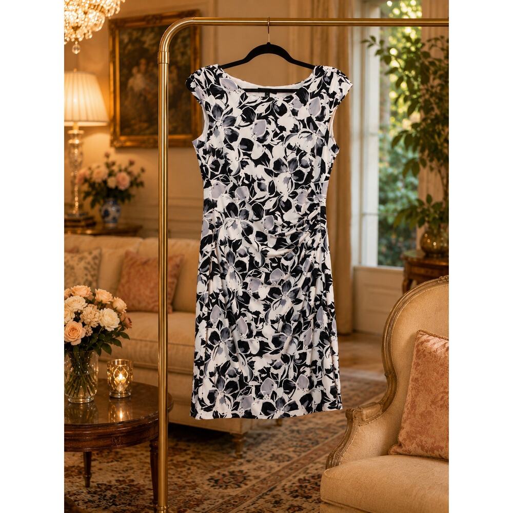 Lauren Ralph Lauren Navy Floral Ruched Sheath Dress Sleeveless NWT 12 Business